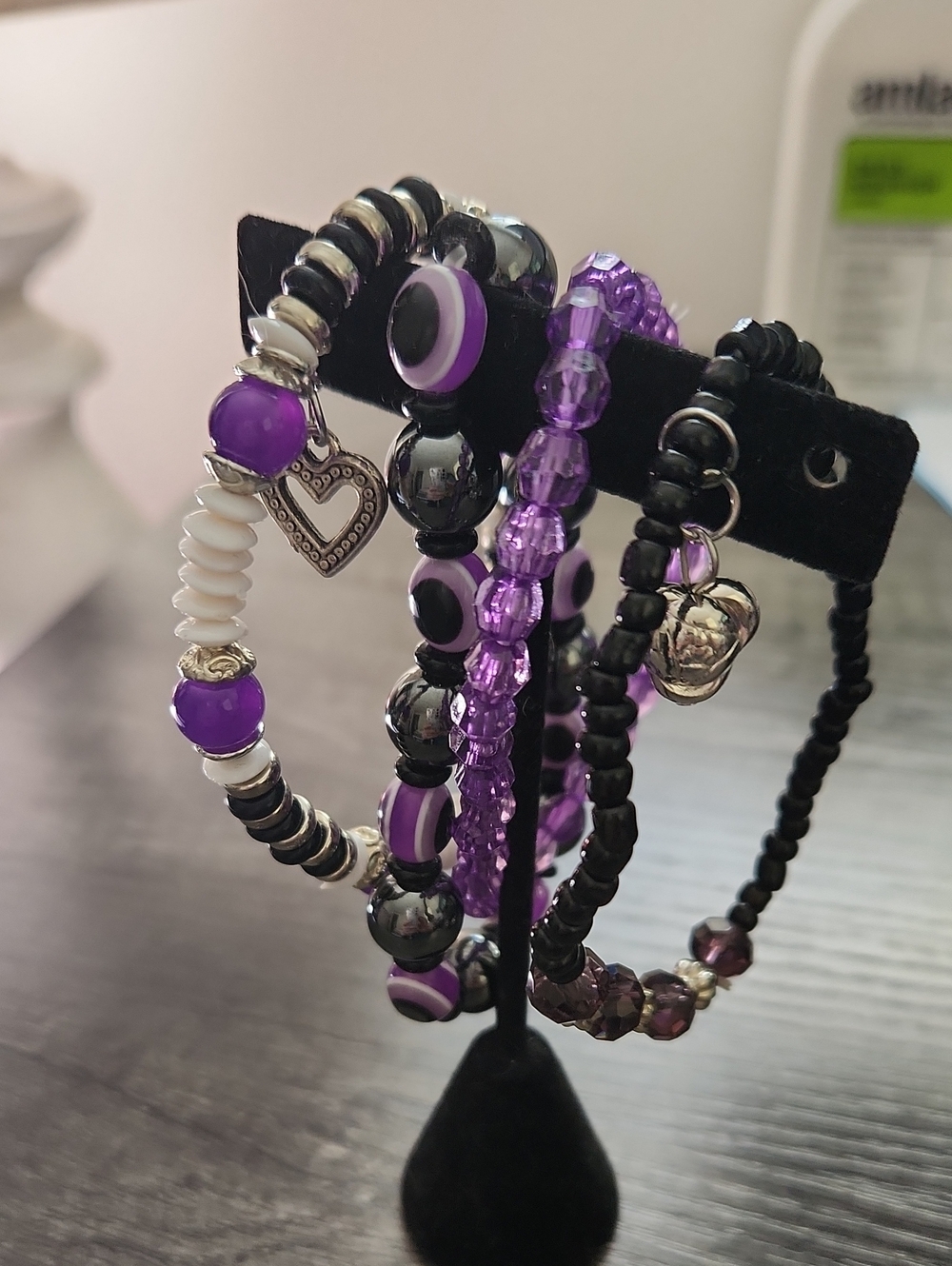 Avon Purple and Black Beaded Bracelet Stack with Heart Charms